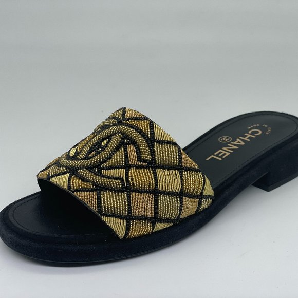 [シャネル]Chanel Mules Fabric & Gold Black Size 36EU NEW CHANEL Black Chain Gold CC Logo Mules Slide